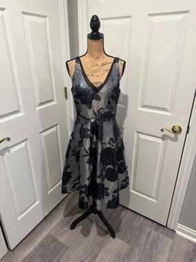 White House Black Market Gray Midi Dress with Black Floral Jacquard